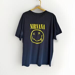 Vintage 90s Nirvana 1992 Smiley T-Shirt Yellow Black 2-sided Grunge Kobain L/XL
